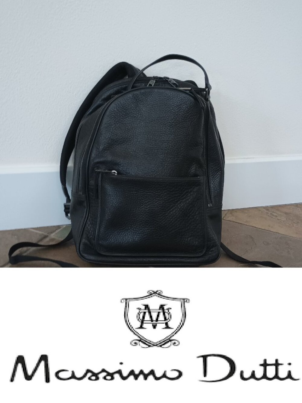 Massimo Dutti Backpack Black Genuine Cow Leather